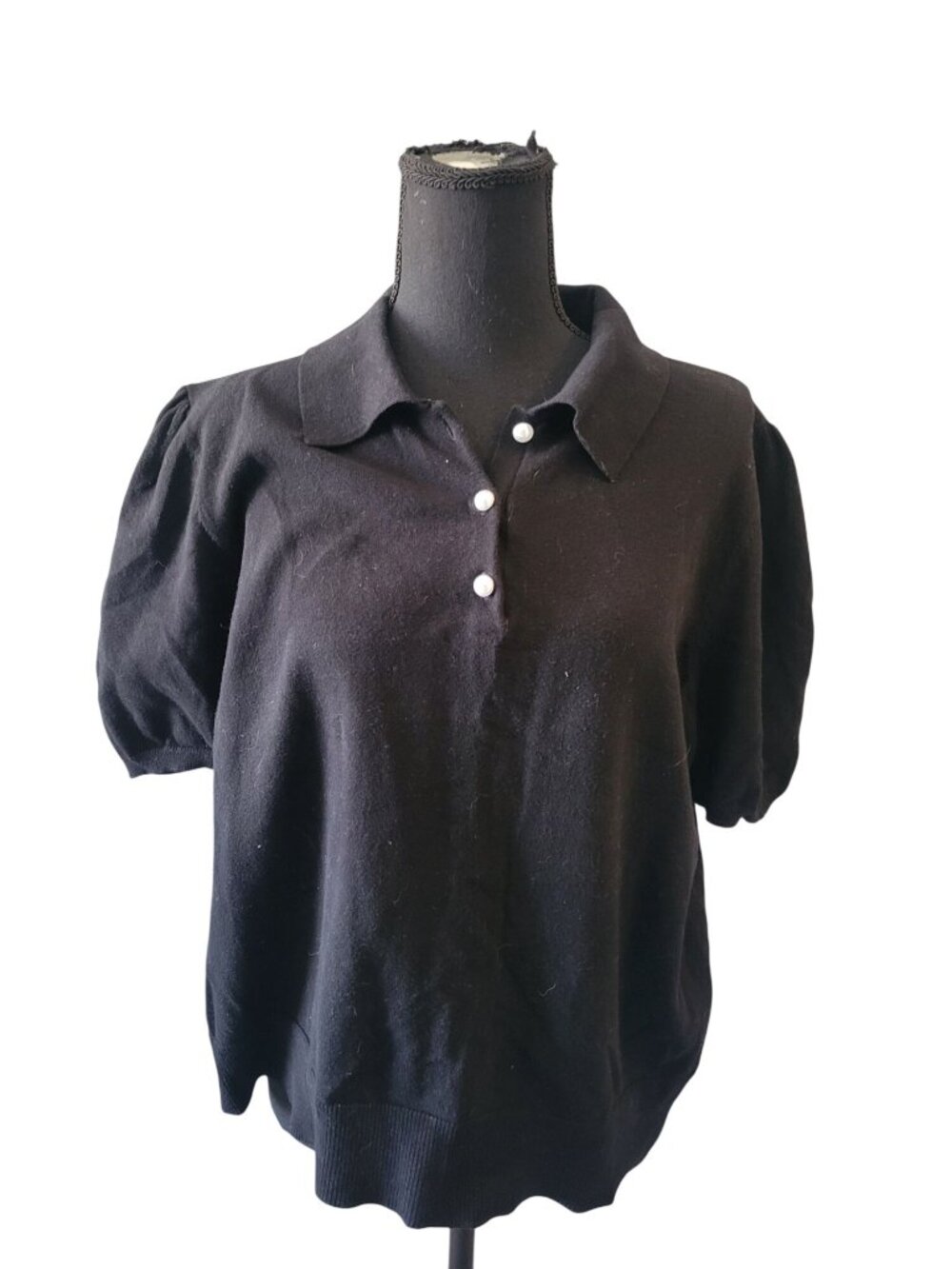 CeCe Collared Black Short Sleeve Pearl V Neck Sweater Size XL Preppy Office Wear - Picture 2 of 11